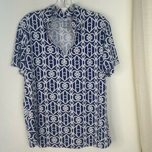 IBKUL Blue White Geometric Short Sleeve Golf ActiveWear UPF50+ Quick Dry Top XL